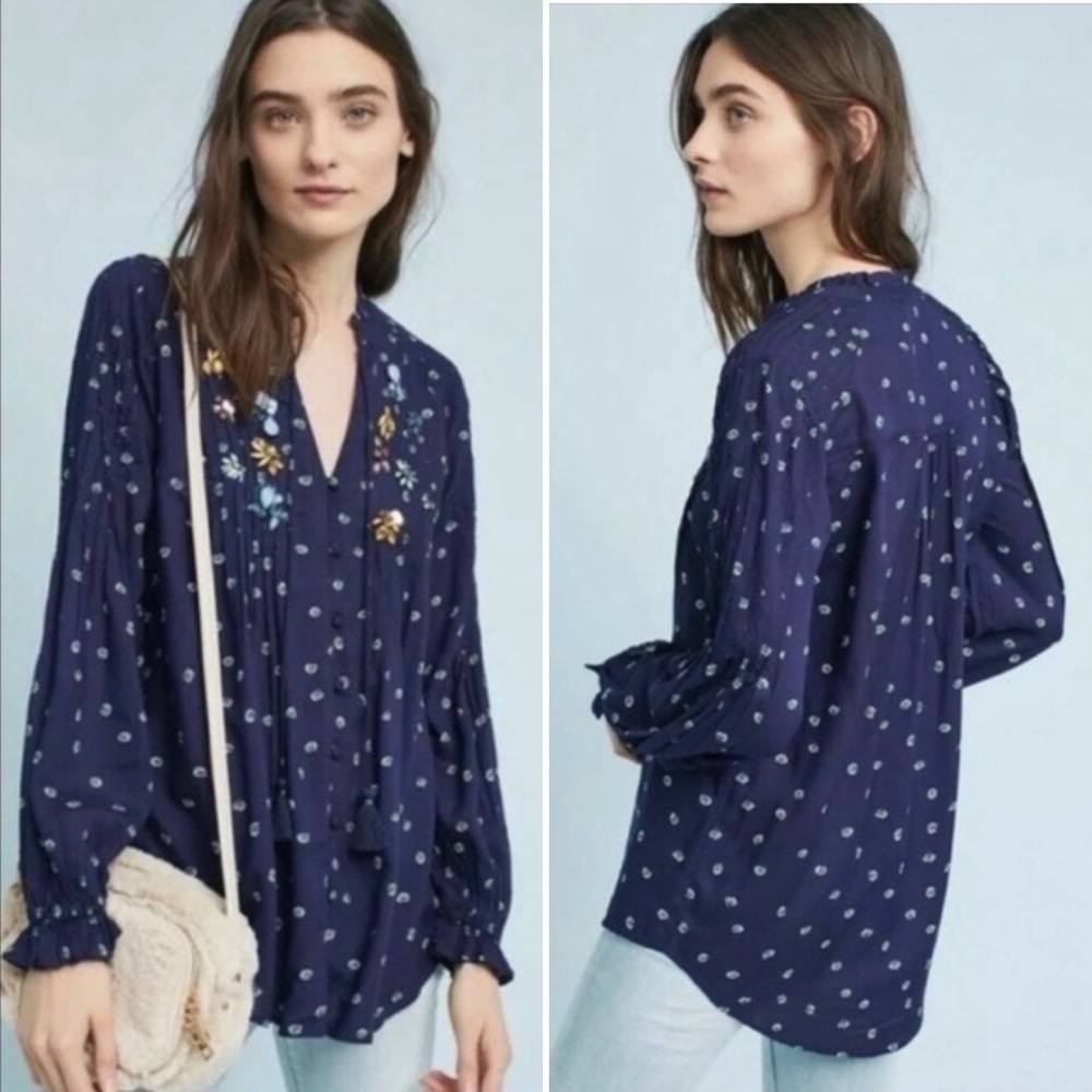 Navy Anthropologie Ashton Boho Peasant Top, by Vanessa Virginia - 2 - Picture 1 of 10